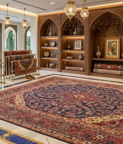 Persian Navy Kashan rug, Size: 374 x 271 cm, Hand knotted by natural wool & vegetable dye, R30 000 valuation.