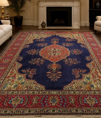 Hand-Knotted Qum Persian Carpet, Size: 390 x 296 cm, an exquisite deep navy-blue field framed by rich crimson & ivory borders. The intricate central medallion is surrounded by delicate floral motifs, scrolling vines & finely detailed botanical patterns, Artist’s signature woven in, fine knotted by Kurk wool.