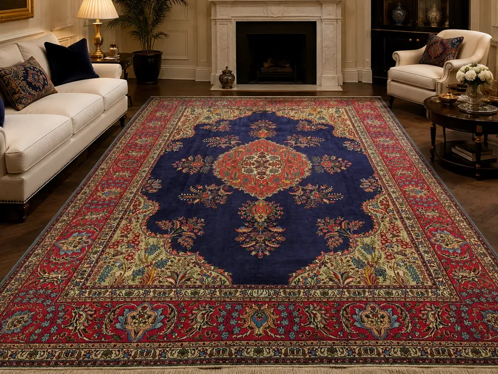 Hand-Knotted Qum Persian Carpet, Size: 390 x 296 cm, an exquisite deep navy-blue field framed by rich crimson & ivory borders. The intricate central medallion is surrounded by delicate floral motifs, scrolling vines & finely detailed botanical patterns, Artist’s signature woven in, fine knotted by Kurk wool.