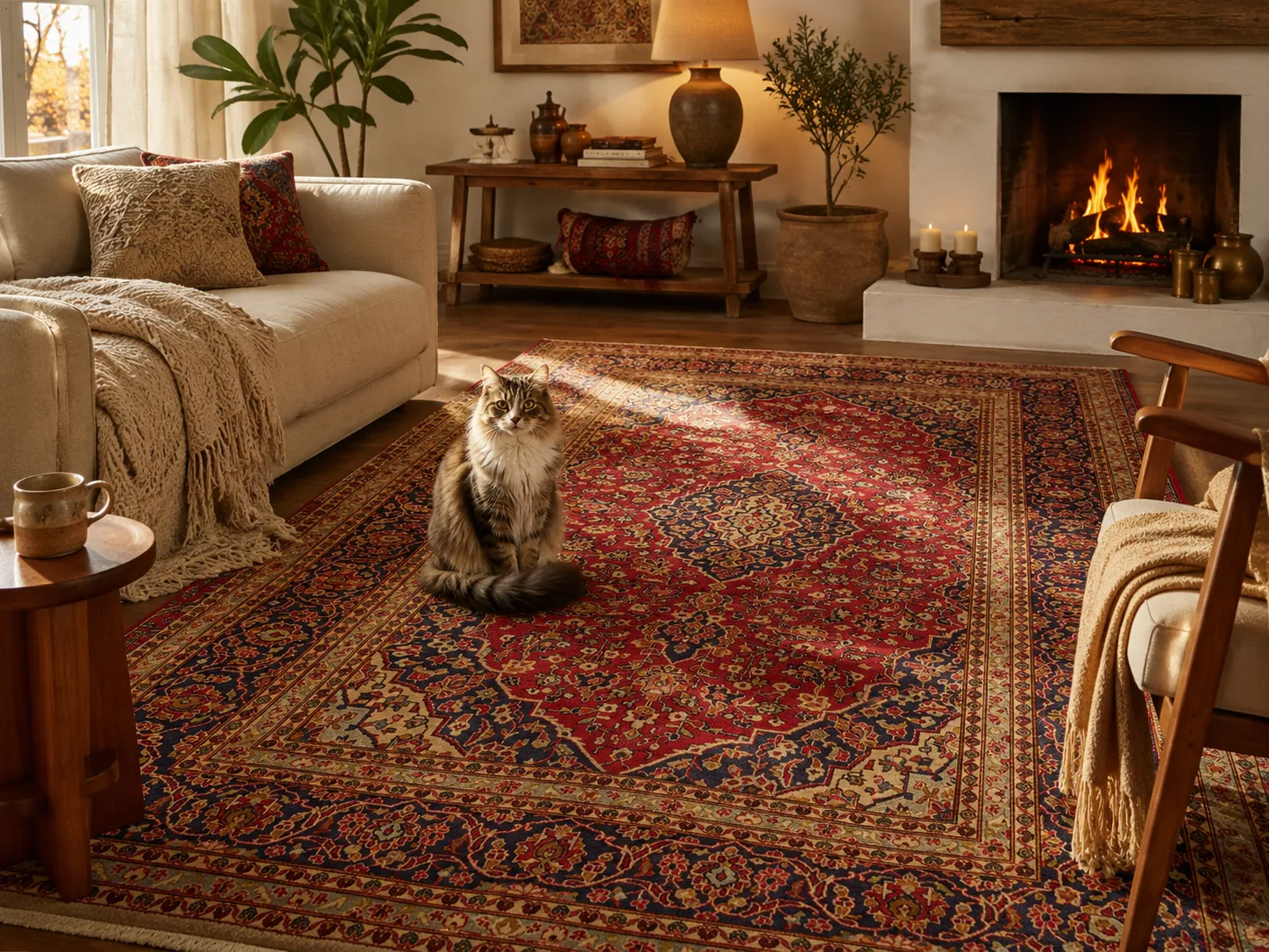Handmade Kashan Persian rug, Size: 350 x 250 cm, Features a classic central floral medallion surrounded by a rich red field and an intricate navy blue border, fine wool & vegetable dye.