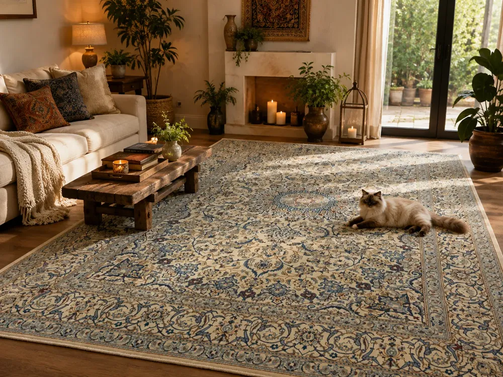 Genuine hand-knotted Nain Persian carpet, Size: 387 x 284 cm, central motif surrounded by finely detailed Shah Abbas floral patterns & twisting vine tendrils, soft ivory base ground accented by deep royal blue, Premium wool & fine silk highlights on a durable cotton foundation.