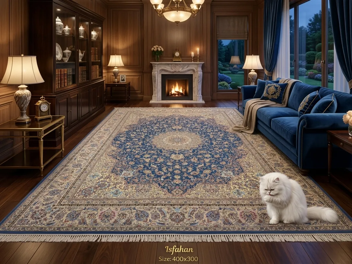 Premium Silk Isfahan carpet, Extraordinary piece of artistry, Size: 400 x 300 cm, 2,000 knots per square meter silk thread density.
