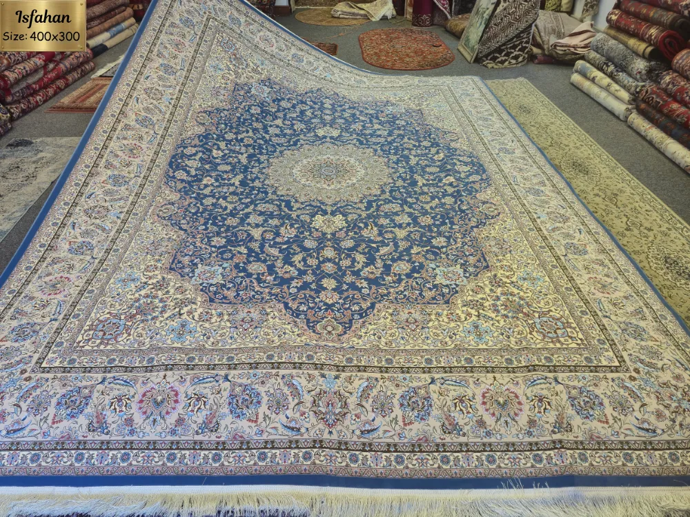 Premium Silk Isfahan carpet, Extraordinary piece of artistry, Size: 400 x 300 cm, 2,000 knots per square meter silk thread density.