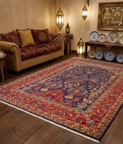 Tree of Life Persian Qum carpet, Size: 294 × 190 cm, symbolizing vitality, eternity & natural balance, Fine hand-knotted with high knot density for sharp detail definition.