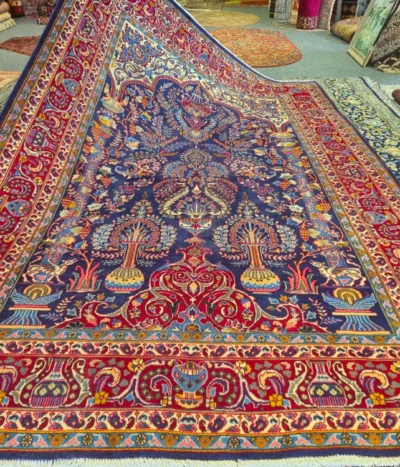 Tree of Life Persian Qum carpet, Size: 294 × 190 cm, symbolizing vitality, eternity & natural balance, Fine hand-knotted with high knot density for sharp detail definition.