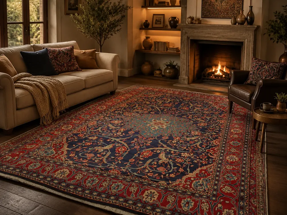 Vintage hand-knotted Persian Isfahan carpet, Size: 335 x 245 cm, central medallion surrounded by traditional floral patterns on a deep navy field and framed by a rich red border, wool on a durable cotton foundation.