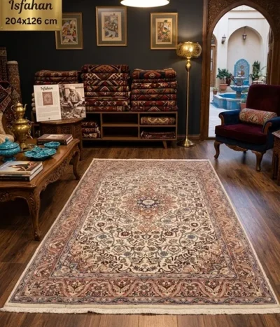 Pre-loved Authentic Handcrafted Persian Isfahan Carpet, Size: 204 × 126 cm, Features a commanding eight-pointed star central medallion enveloped by tight floral motifs and swirling arabesques on a rich cream field, Premium Wool Pile on Durable Cotton Foundation.