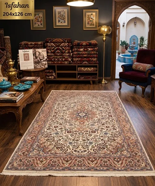 Pre-loved Authentic Handcrafted Persian Isfahan Carpet, Size: 204 × 126 cm, Features a commanding eight-pointed star central medallion enveloped by tight floral motifs and swirling arabesques on a rich cream field, Premium Wool Pile on Durable Cotton Foundation.
