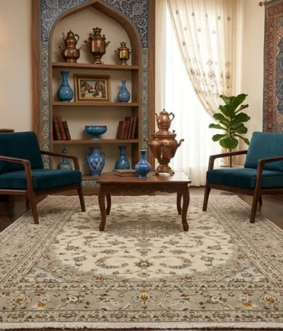 Authentic Fine Hand-Knotted Nain Persian Carpet, Size: 296 x 197 cm, elegant cream and soft ivory field adorned with intricate floral arabesques, subtle blue-gray detailing, and a classic central medallion, Fine Lamb’s Wool on a Cotton Warp.