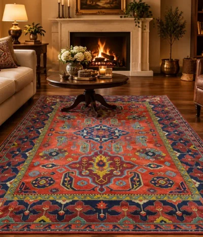 Hand-Knotted Fine Persian Heriz Carpet, Size: 300 x 200 cm, Grand geometric star medallion surrounded by stylized botanical forms and serrated leaf patterns, Rich terracotta red field, deep navy blue main border, high-grade natural wool.