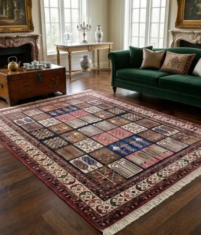 Persian handmade Bakhtiari carpet with a classic "Kheshti" design, Size: 232 x 186 cm, Burgundy, navy, terracotta & earthy tones, vey fine hand knotted silk on wool.