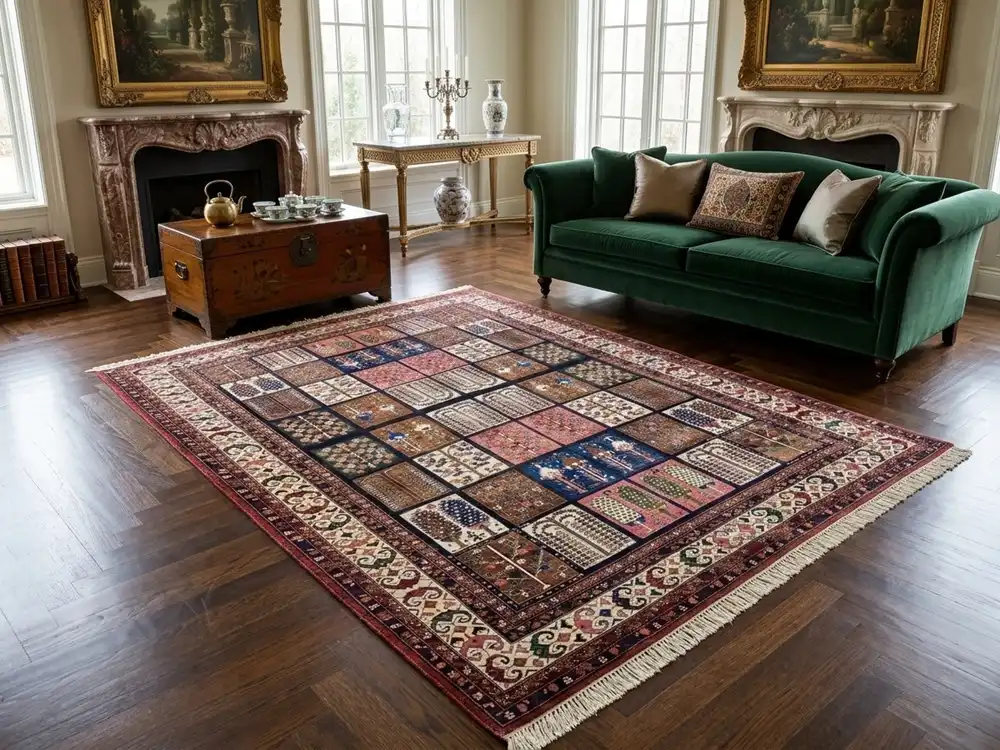 Persian handmade Bakhtiari carpet with a classic "Kheshti" design, Size: 232 x 186 cm, Burgundy, navy, terracotta & earthy tones, vey fine hand knotted silk on wool.