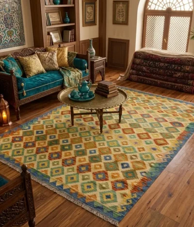 Hand-Woven Afghan Kilim, Size: 296 x 247 cm, Traditional geometric diamond medallions, vibrant harmony of sun-warmed gold, sage green, terracottas, and vibrant blues, 100% Hand-spun Wool on a Wool foundation.