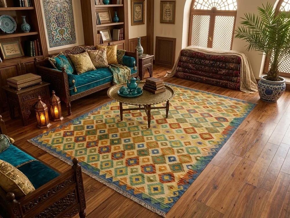 Hand-Woven Afghan Kilim, Size: 296 x 247 cm, Traditional geometric diamond medallions, vibrant harmony of sun-warmed gold, sage green, terracottas, and vibrant blues, 100% Hand-spun Wool on a Wool foundation.