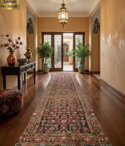 Hand-knotted Persian Lilihan hallway runner rug, Size: 310 x 99 cm, Traditional dark field featuring intricate floral-geometric medallions and detailed guard borders, natural wool & vegetable dye.
