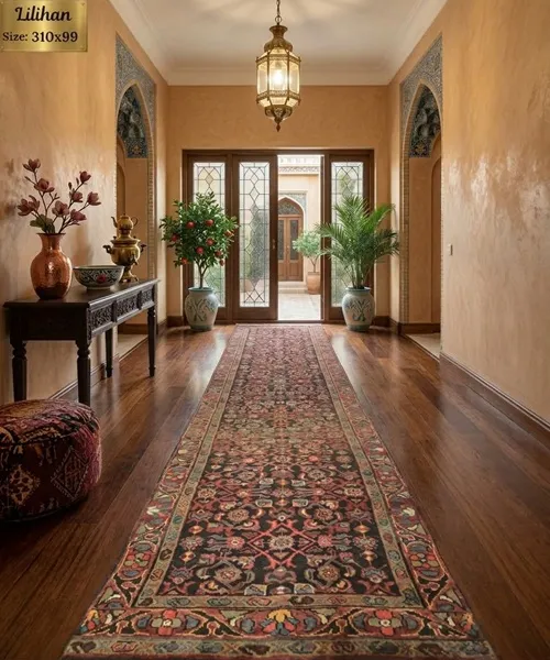 Hand-knotted Persian Lilihan hallway runner rug, Size: 310 x 99 cm, Traditional dark field featuring intricate floral-geometric medallions and detailed guard borders, natural wool & vegetable dye.