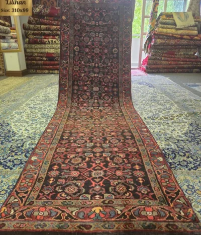 Hand-knotted Persian Lilihan hallway runner rug, Size: 310 x 99 cm, Traditional dark field featuring intricate floral-geometric medallions and detailed guard borders, natural wool & vegetable dye.
