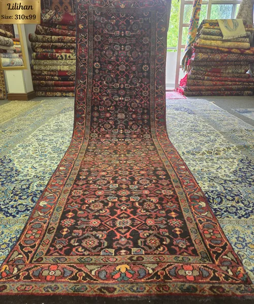Hand-knotted Persian Lilihan hallway runner rug, Size: 310 x 99 cm, Traditional dark field featuring intricate floral-geometric medallions and detailed guard borders, natural wool & vegetable dye.