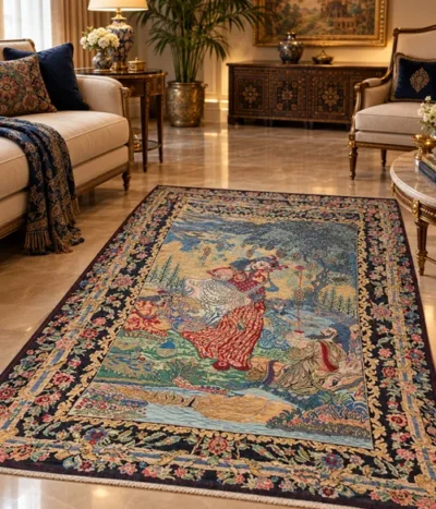 Hand-knotted pictorial Persian rug depicting a classic scene inspired by the poetry of Omar Khayyam, Size: 181 x 125 cm, fine wool & silk on cotton foundation.