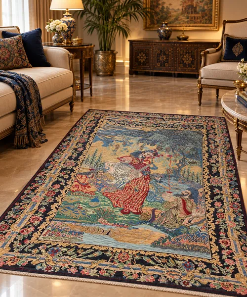 Hand-knotted pictorial Persian rug depicting a classic scene inspired by the poetry of Omar Khayyam, Size: 181 x 125 cm, fine wool & silk on cotton foundation.