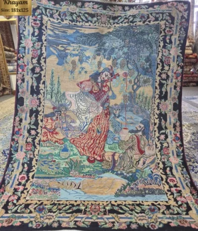Hand-knotted pictorial Persian rug depicting a classic scene inspired by the poetry of Omar Khayyam, Size: 181 x 125 cm, fine wool & silk on cotton foundation.