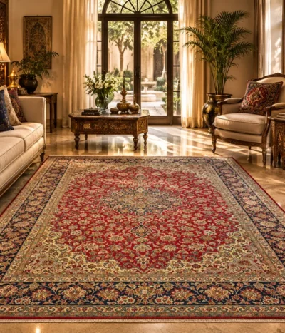 Hand-knotted Mashhad Persian Carpet, Size: 375 x 298 cm, rich red field adorned with intricate floral and scrollwork motifs, beautifully contrasted by a deep navy blue and ivory border, wool on a cotton foundation.