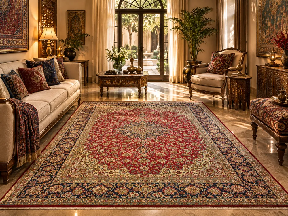 Hand-knotted Mashhad Persian Carpet, Size: 375 x 298 cm, rich red field adorned with intricate floral and scrollwork motifs, beautifully contrasted by a deep navy blue and ivory border, wool on a cotton foundation.