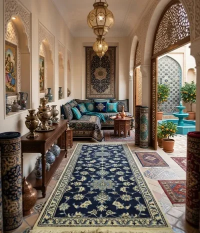 Hand-knotted Persian Nain runner, Size: 200 x 74 cm, deep navy field paired with the ivory floral motifs, hand-spun wool with fine silk.