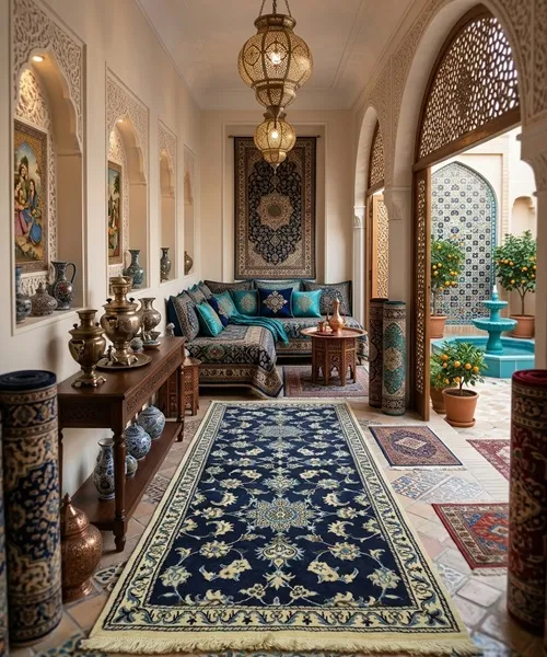 Hand-knotted Persian Nain runner, Size: 200 x 74 cm, deep navy field paired with the ivory floral motifs, hand-spun wool with fine silk.