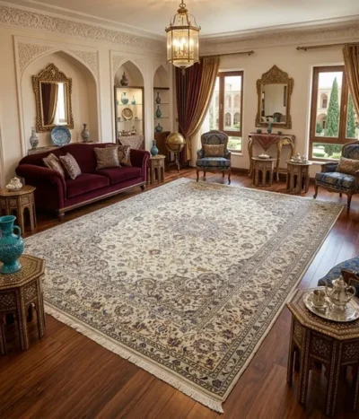 Hand-Knotted Persian Nain carpet, Size: 387 x 245 cm. refined ivory and cream foundation adorned with intricate floral motifs and delicate blue, gold, and burgundy accents, wool pile on cotton foundation.