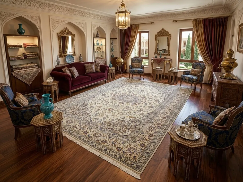 Hand-Knotted Persian Nain carpet, Size: 387 x 245 cm. refined ivory and cream foundation adorned with intricate floral motifs and delicate blue, gold, and burgundy accents, wool pile on cotton foundation.