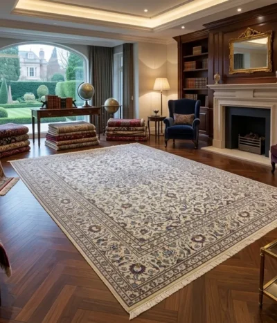 Handmade Persian Nain carpet, Size: 345 x 240 cm, 9 La Highly detailed curvilinear floral arabesques, scrolling vines, palmettes, and Shah Abbas-style motifs, elegant ivory wool on a cotton foundation.