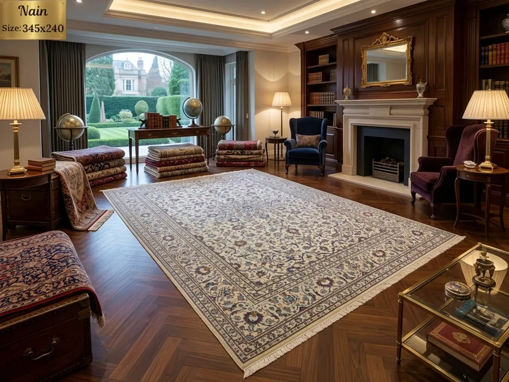 Handmade Persian Nain carpet, Size: 345 x 240 cm, 9 La Highly detailed curvilinear floral arabesques, scrolling vines, palmettes, and Shah Abbas-style motifs, elegant ivory wool on a cotton foundation.
