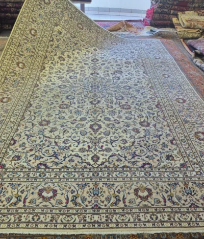 Handmade Persian Nain carpet, Size: 345 x 240 cm, 9 La Highly detailed curvilinear floral arabesques, scrolling vines, palmettes, and Shah Abbas-style motifs, elegant ivory wool on a cotton foundation.