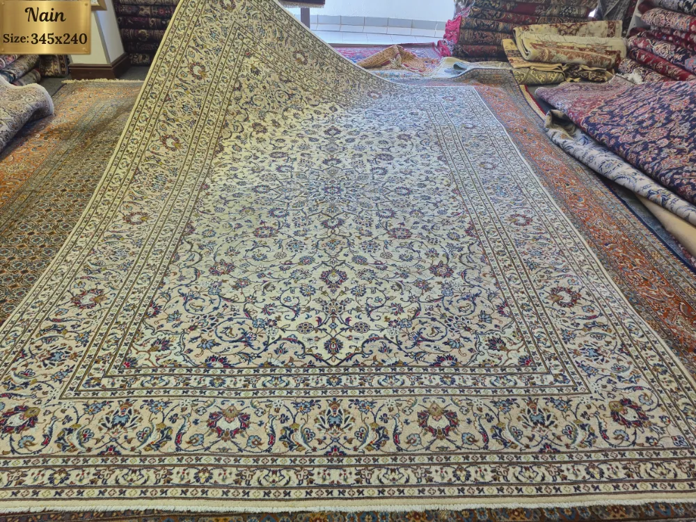 Handmade Persian Nain carpet, Size: 345 x 240 cm, 9 La Highly detailed curvilinear floral arabesques, scrolling vines, palmettes, and Shah Abbas-style motifs, elegant ivory wool on a cotton foundation.