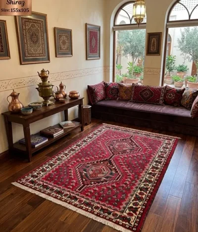 Hand-knotted Persian Shiraz rug, Size: 155 X 105 cm, classic tribal layout with two stacked, stepped diamond medallions lined with latch-hook geometric motifs, wool on wool construction.