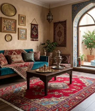 Persian Tabriz carpet, Size: 330 x 193 cm, floral motifs in rich crimson red field framed by light blue & ivory accents Hand-knotted with durable, high-density wool construction.