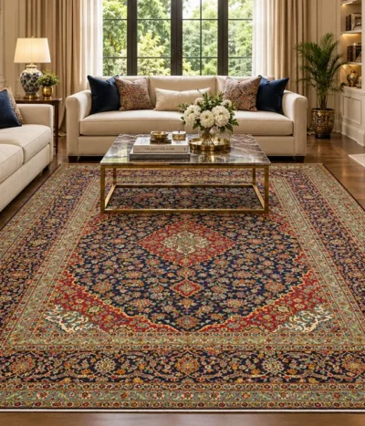 Pre-loved Hand-Knotted Persian Kashan Rug, Size: 348 x 265 cm, deep navy, crimson, ivory, teal and touches of gold, wool on a cotton foundation.