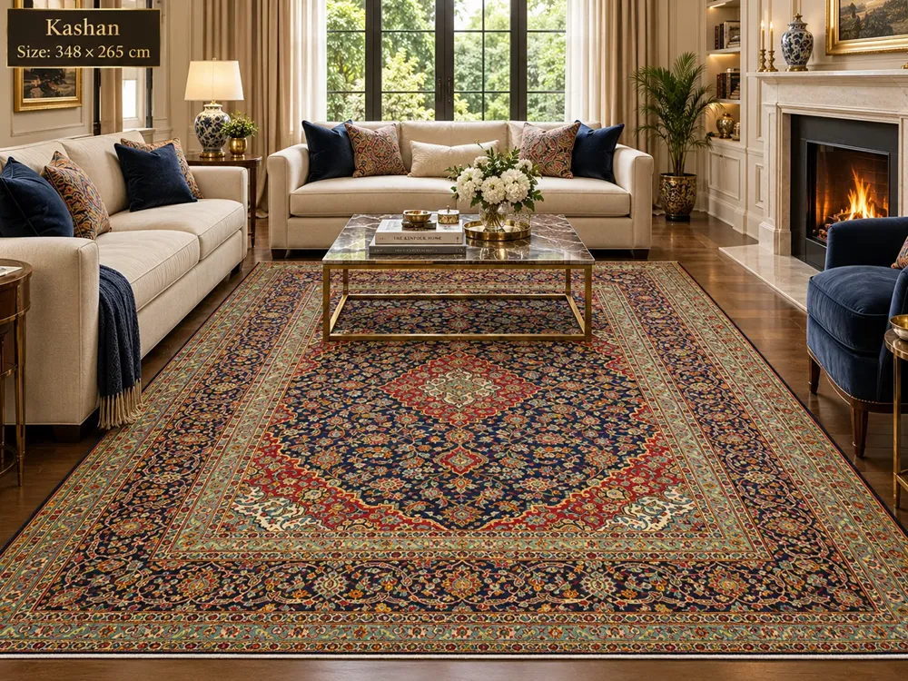 Pre-loved Hand-Knotted Persian Kashan Rug, Size: 348 x 265 cm, deep navy, crimson, ivory, teal and touches of gold, wool on a cotton foundation.