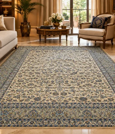 Vintage Sage Nain Persian Carpet, all-over floral and arabesque motif set against a soft sage and cream background, Size: 427 x 303 cm, Hand-knotted in soft low-to-medium wool pile.