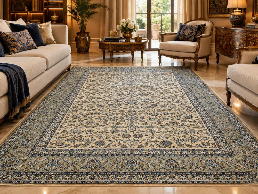 Vintage Sage Nain Persian Carpet, all-over floral and arabesque motif set against a soft sage and cream background, Size: 427 x 303 cm, Hand-knotted in soft low-to-medium wool pile.