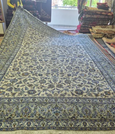 Vintage Sage Nain Persian Carpet, all-over floral and arabesque motif set against a soft sage and cream background, Size: 427 x 303 cm, Hand-knotted in soft low-to-medium wool pile.