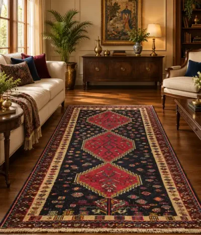 Hand-Knotted antique Shiraz carpet, Size: 197 x 120 cm, Traditional geometric medallions with tribal motifs, hand-spun wool pile.