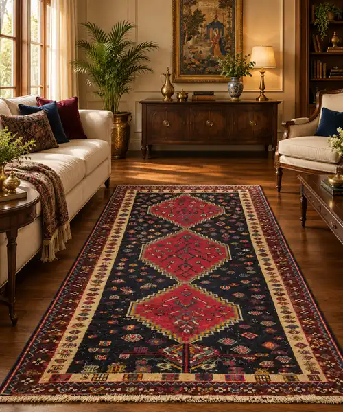 Hand-Knotted antique Shiraz carpet, Size: 197 x 120 cm, Traditional geometric medallions with tribal motifs, hand-spun wool pile.