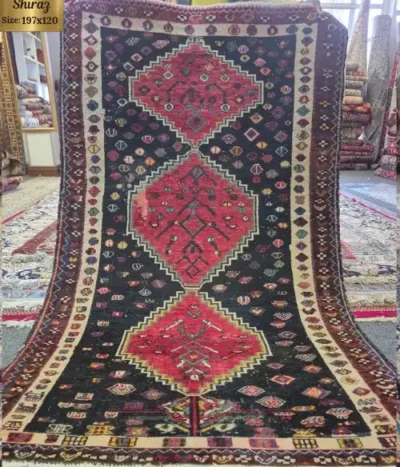 Hand-Knotted antique Shiraz carpet, Size: 197 x 120 cm, Traditional geometric medallions with tribal motifs, hand-spun wool pile.