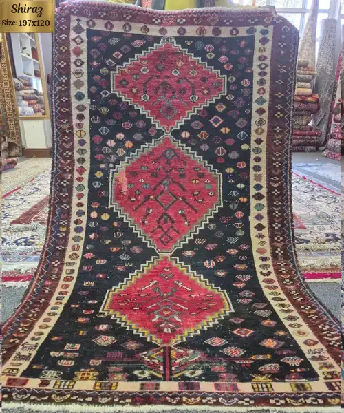 Hand-Knotted antique Shiraz carpet, Size: 197 x 120 cm, Traditional geometric medallions with tribal motifs, hand-spun wool pile.
